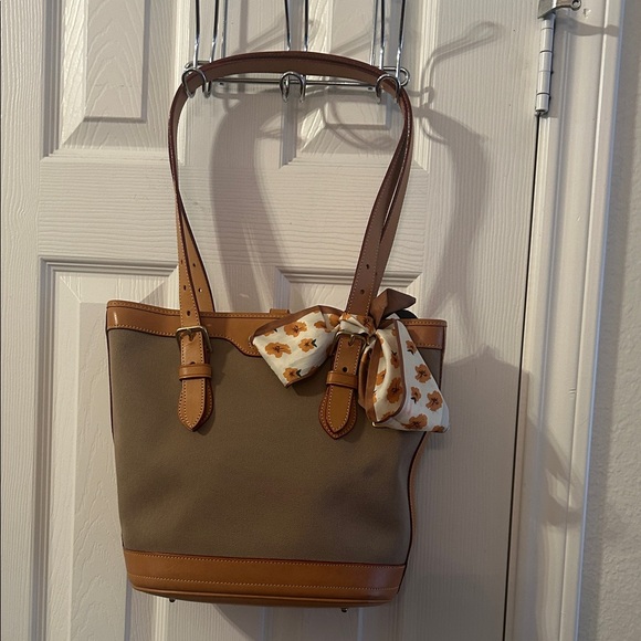 Dooney & Bourke Tan and Brown Tote with Floral Bow - Picture 1 of 6